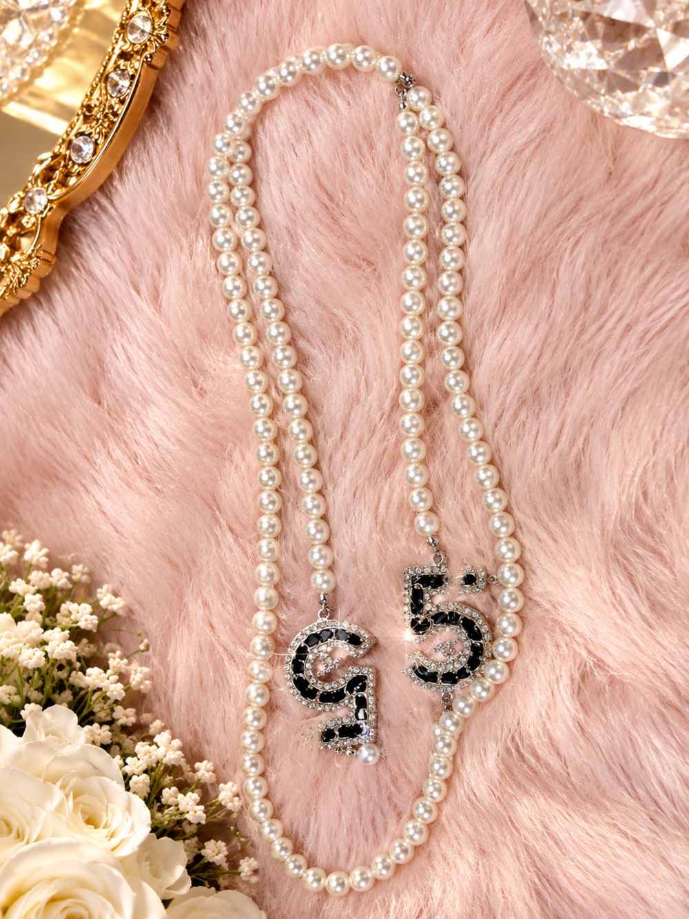 Pearl Necklace with Black Crystal 'G5' Pendant - Women Jewelry